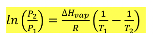 <ul><li><p>P<sub>vap, T</sub> = vapor pressure</p></li><li><p><strong>△</strong>H<sub>vap</sub> = enthalpy of vaporization</p></li><li><p>R = universal gas constant = 8.314 J/mol*K</p></li><li><p>T = temperature (in K)</p></li></ul><p>NOTE: this formula is on equation sheet, but is not given for ACS exam</p>