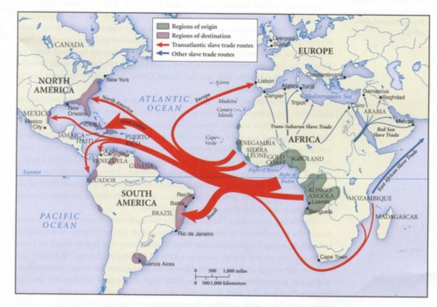 <p>the buying and selling of Africans for work in the Americas</p>