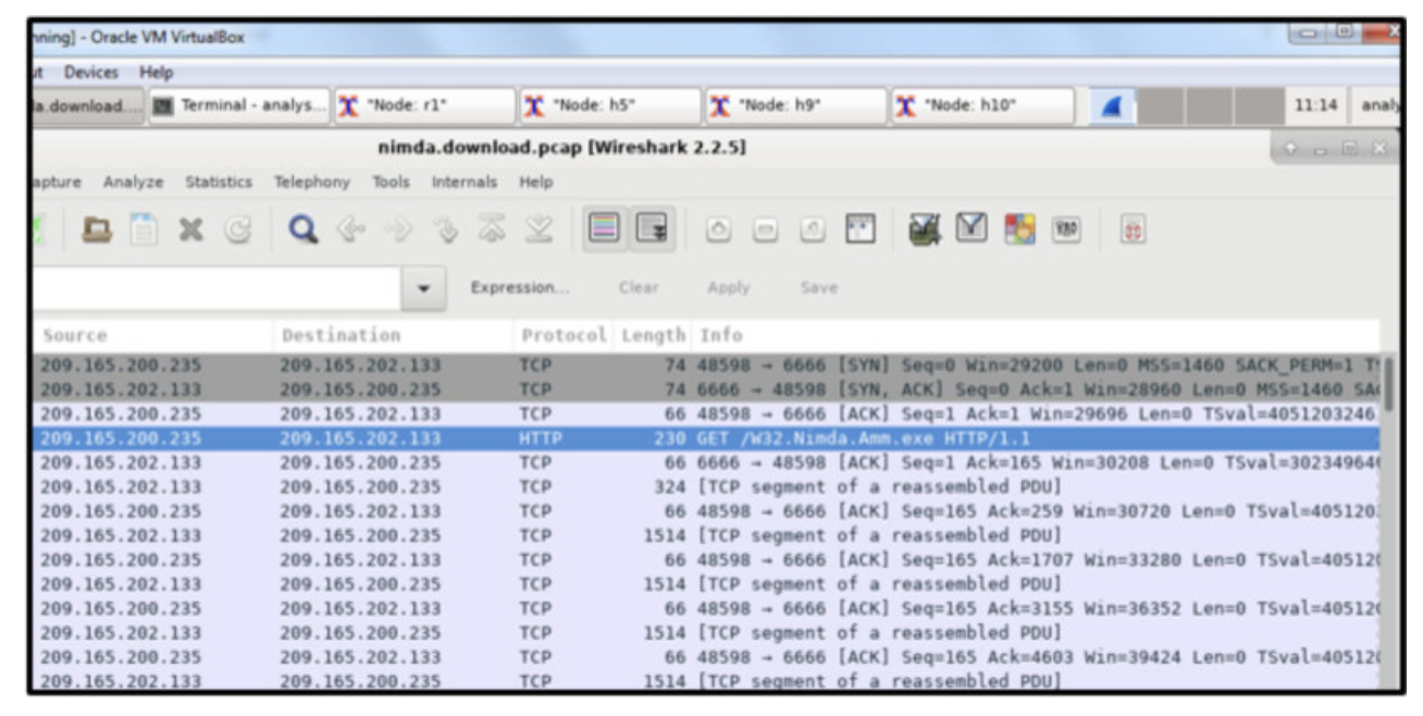<p><strong>Refer to the exhibit. A network security analyst is examining captured data using Wireshark. The captured frames indicate that a host is downloading malware from a server. Which source port is used by the host to request the download?</strong></p><p></p><ul><li><p>66</p></li><li><p>1514</p></li><li><p>6666</p></li><li><p><span>48598</span></p></li></ul><p></p>