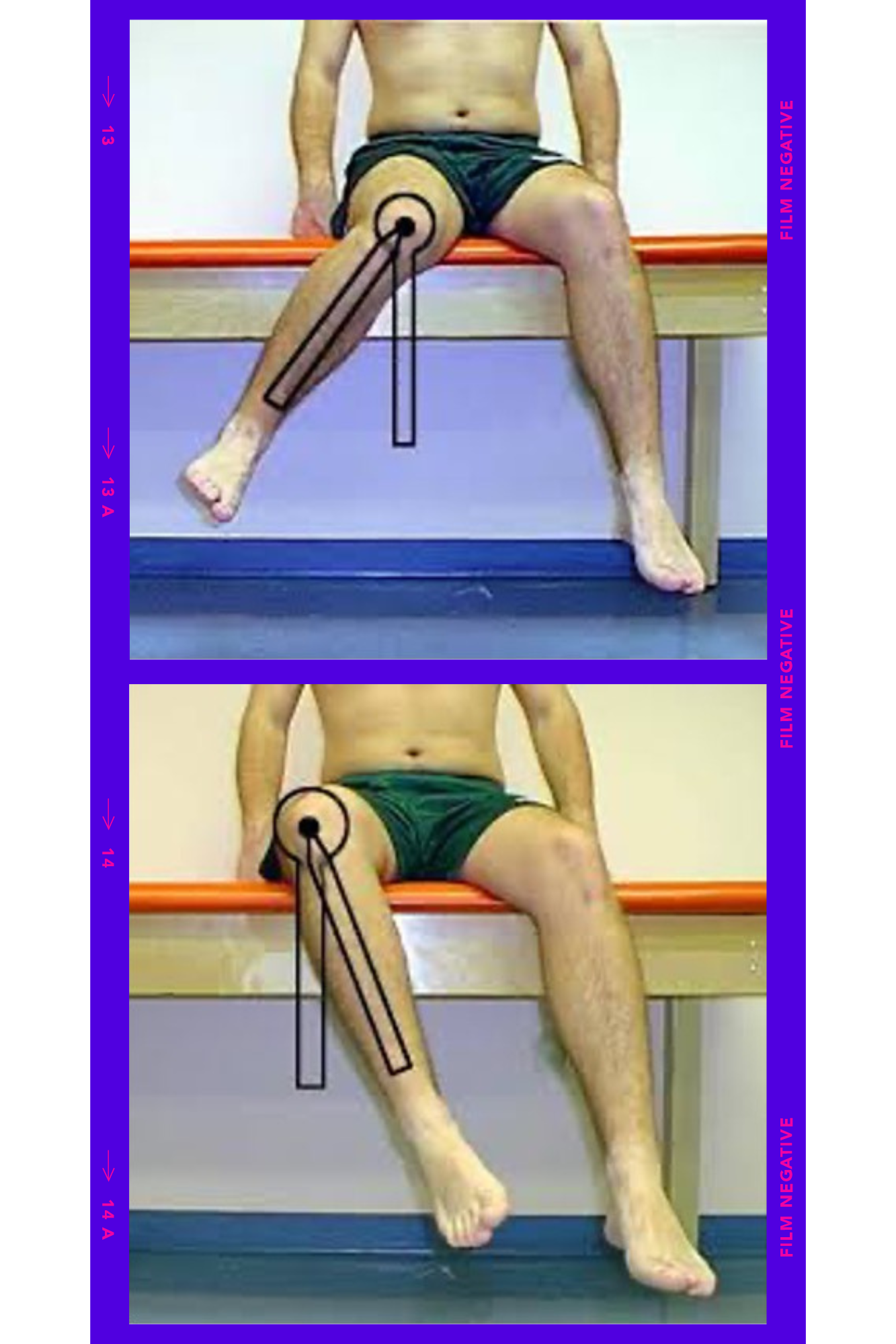 <ul><li><p>Body position: seated</p></li><li><p>Axis: center of patella</p></li><li><p>Stationary Arm: vertically aligned </p></li><li><p>Movement Arm: anterior midline of lower leg </p></li><li><p>Joint movement: hip internal rotation (towards outside of body) hip  external rotation (towards inside of body) </p></li></ul>