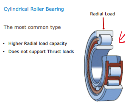 <p>Can take high radial loads</p><p>Cannot take thrust loads</p>