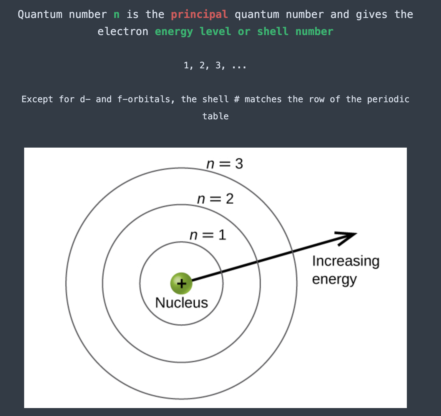 <p>n; energy level or shell number </p>