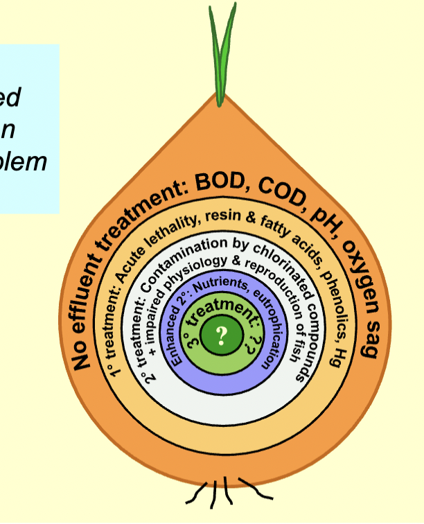 <p><u>Conundrum:</u></p><ul><li><p>As each contaminant problem is solved by more effluent treatment, an unknown or unexpected problem is revealed</p></li></ul><p><u>The ultimate question:</u></p><ul><li><p>If the effluent is not clean enough to re-use in the mill, why is it clean enough to discharge to the</p><p>environment?</p></li></ul>