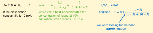 <ul><li><p>1 mM</p></li></ul><p><span>If the dissociation constant K<sub>d</sub> is 10 mM, 1 mM best <strong><u>approximates</u> </strong>the concentration of ligand at 10 % saturation, <em>i.e.</em> when 10 % of receptor is bound or when θ = 0.1. It comes from the following calculations/approximations:</span></p>