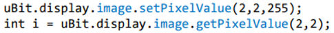 <ul><li><p>The function setPixelValue sets the pixel at the given (x, y) coordinates to a given brightness value. The coordinates are of type int16_t. The brightness is of type uint8_t</p></li><li><p>The function getPixelValue retrieves the brightness value of the pixel at the given (x, y) co-ordinates</p></li><li><p>When the display mode is set to DISPLAY_MODE_BLACK_AND_WHITE, setting the brightness value to 1, 2, …, 255, will not make a difference</p></li></ul><p></p>