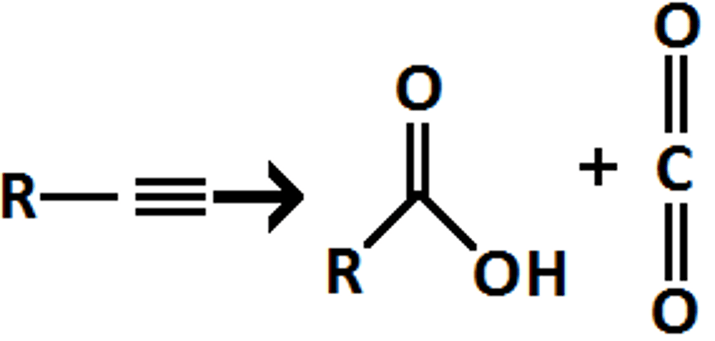 <p>ozonolysis</p><p>terminal alkyne to carboxylic acid plus CO2</p>
