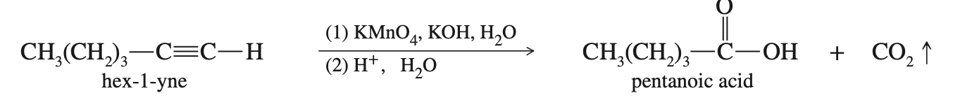 <p>Reagents:</p><ol><li><p>KMnO4/KOH</p></li><li><p>O3 + H2O</p></li></ol><p>Results: Cleavage and creation of Carboxylic acid (or CO2)</p><p></p>