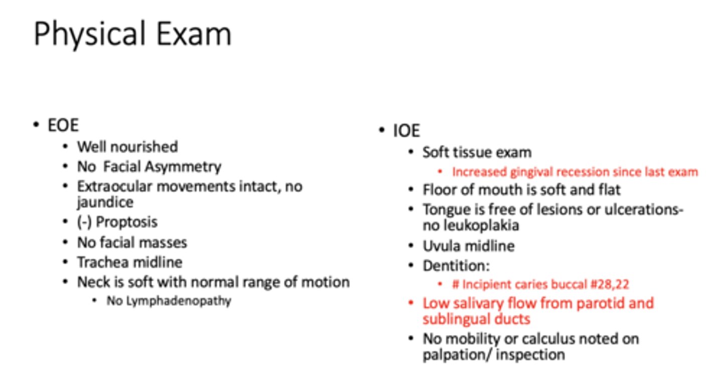 <p>- Dry mouth</p><p>- Recession</p><p>- Caries</p><p>- Bleeding</p><p>NO NSAIDs</p>