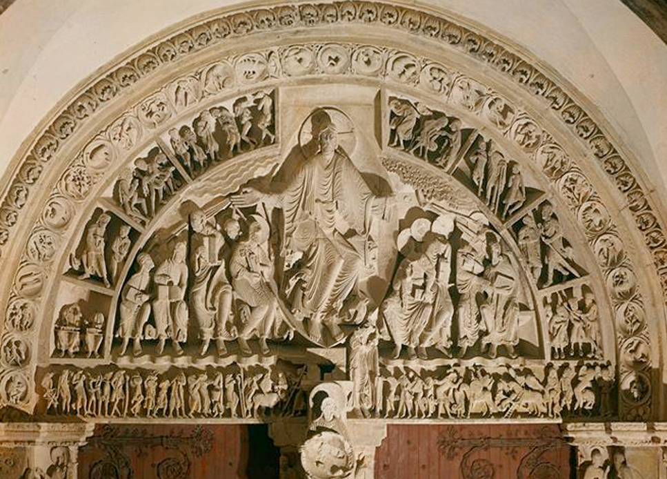 <ul><li><p>Jesus is again in the middle w/ his disciples on his sides holding codexes (books)</p></li><li><p>Rays emanating from Jesus's hands bless the books, sending off the apostles on their mission to convert the world</p></li><li><p>Surrounding of the tympanum, shows the others (non Christians) who look like freaks (animal heads, big ears)</p></li><li><p>Very important when it comes to the Crusades</p></li></ul><p></p>