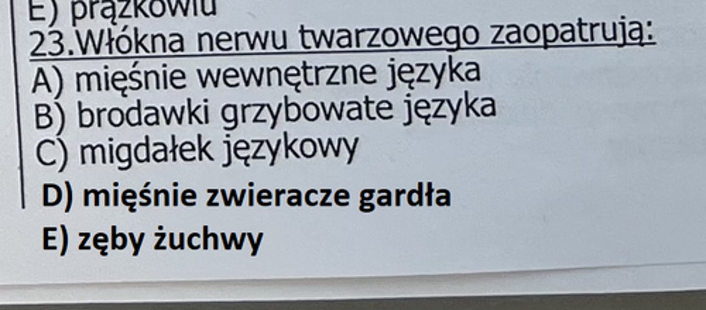 <p>23</p><p>🔹 1. Mięśnie (ruchowo):</p><p>Mięśnie wyrazowe twarzy</p><p>Mięsień strzemiączkowy</p><p>Mięsień rylcowo-gnykowy</p><p>Brzusiec tylny mięśnia dwubrzuścowego</p><p>🔹 2. Gruczoły (przywspółczulnie):</p><p>Gruczoł łzowy</p><p>Gruczoły nosowe i podniebienne</p><p>Gruczoł podżuchwowy i podjęzykowy</p><p>🔹 3. Czucie smakowe (włókna czuciowe specjalne):</p><p>Przednie 2/3 języka (poprzez strunę bębenkową)</p><p>🔹 4. Czucie ogólne (niewielkie):</p><p>Mały fragment skóry małżowiny usznej i przewodu słuchowego zewnętrznego</p>