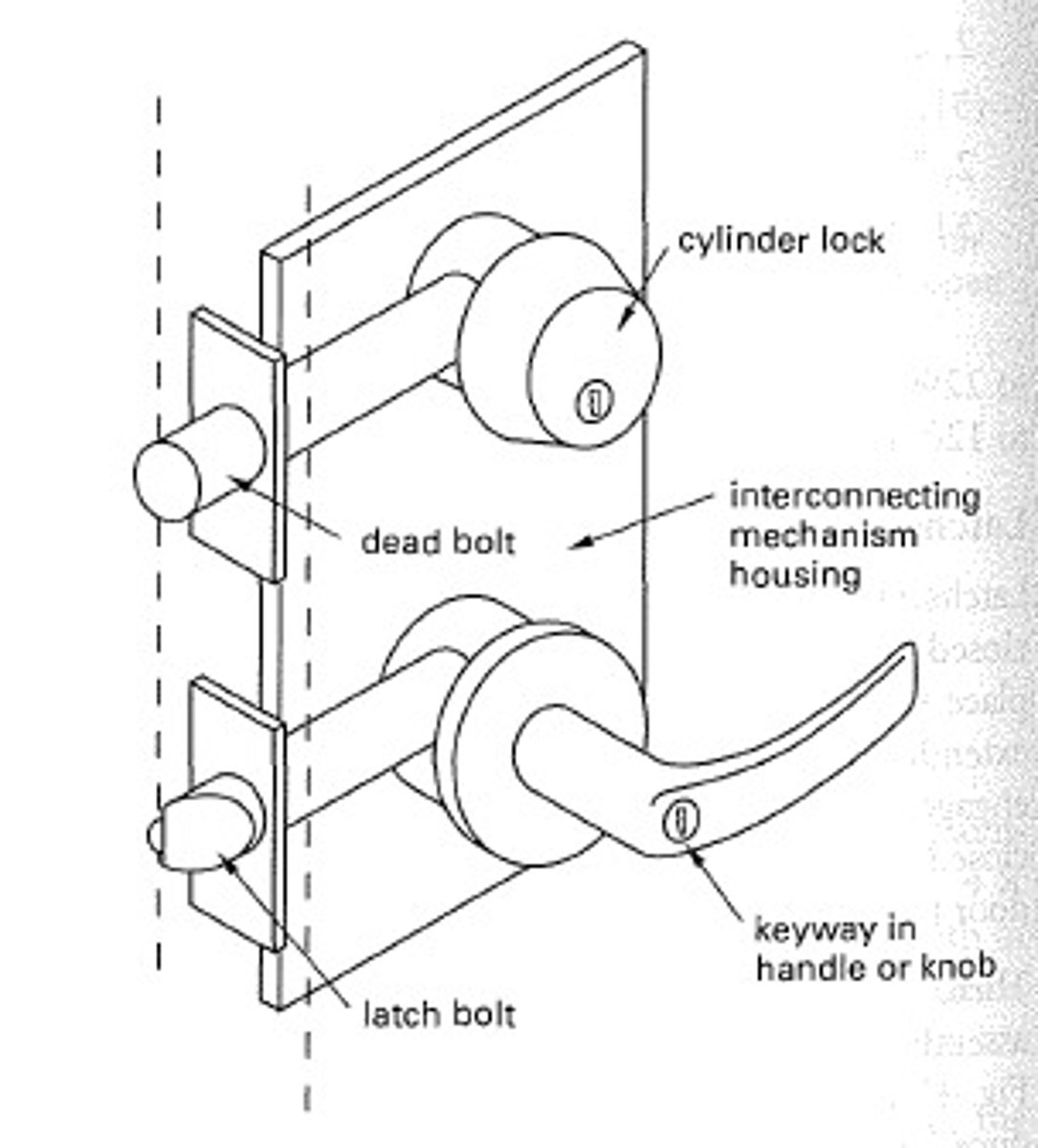 <p>have a cylindrical lock and a dead bolt; two locks are interconnected so that a single action of turning a knob on the inside releases both bolts</p>
