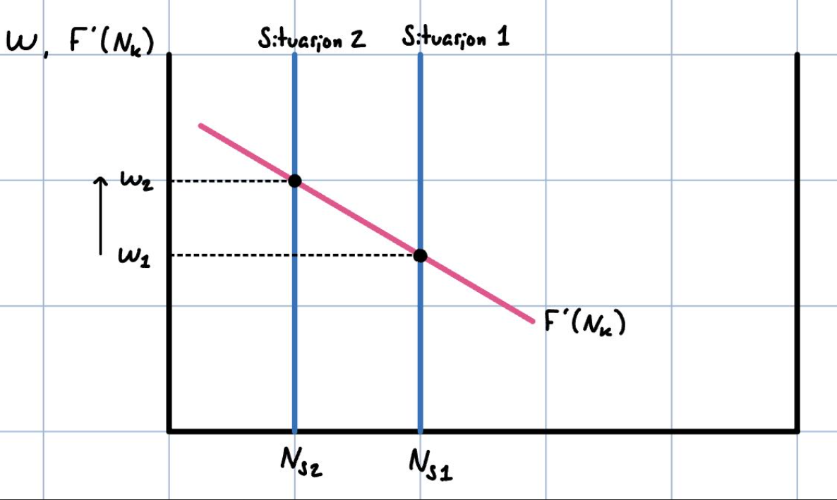 <p>Fra situasjon 1 til 2 ser vi at</p><ul><li><p>sysselsettingen i S-sektor går ned og sysselsettingen i K-sektor går opp</p></li><li><p>Lønnen går opp</p></li></ul><p></p>