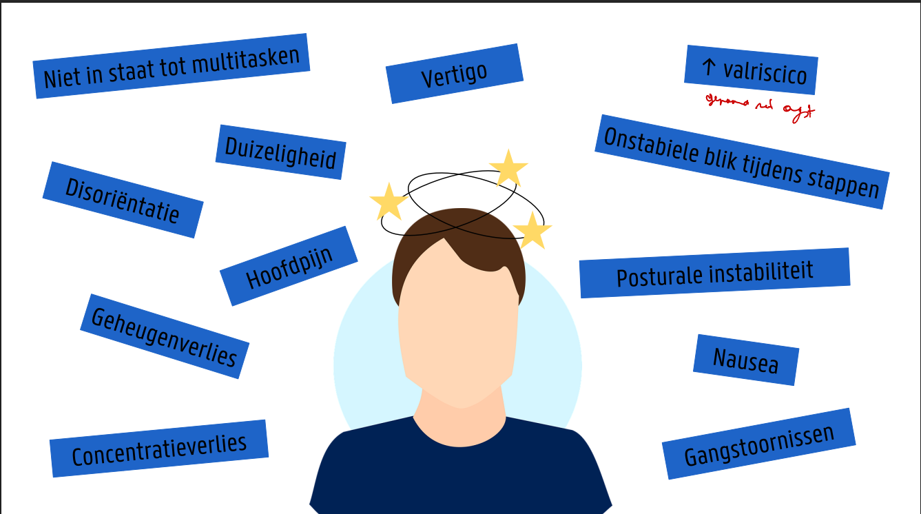 <ul><li><p>Verlies aan SNELHEID </p><ul><li><p>Beperkt dynamisch zicht  (w wazig bij grote snelheid)</p></li><li><p>(Angst om te) vallen (/bewegen)</p></li></ul></li><li><p>Verlies aan AUTOMATISATIE </p><ul><li><p>Visueel afhankelijk =&gt; visuele vertigo </p></li><li><p>Cognitieve load </p><ul><li><p>Constant anticipatie vereist om niet te vallen </p></li><li><p>Verstoorde dubbeltaken </p></li><li><p>Vermoeidheid</p></li></ul></li></ul></li><li><p>Agorafobie → cyclus van angst</p></li></ul><p>Oplossing is bewegen -&gt; gewoon worden + nieuwe signalen/synapsen</p><p>(niet onderschatten visueel gedeelte, bv bus, supermarkt etc)</p>