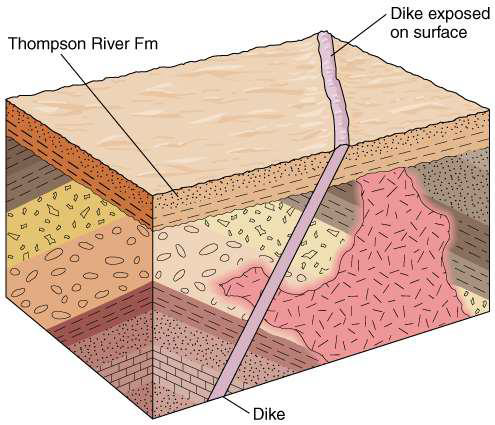 <ul><li><p>something that cuts across some other feature is younger</p></li><li><p>e.g., the dike is the youngest </p></li></ul><p></p>