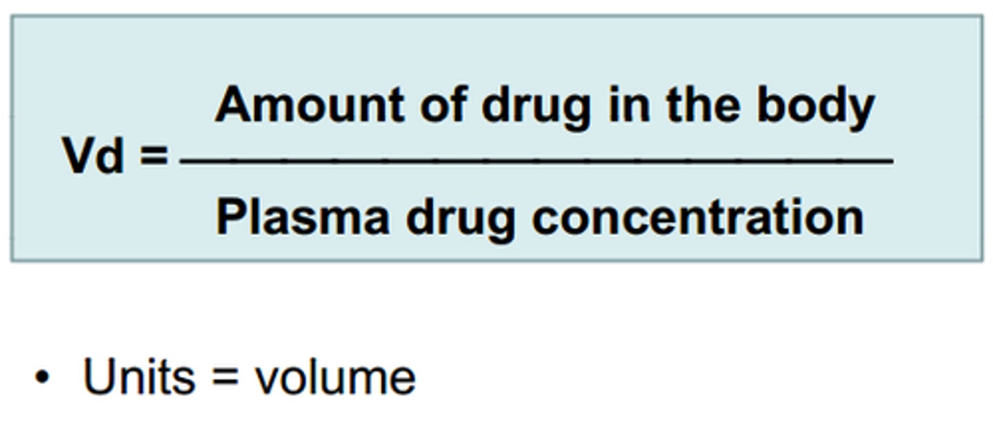 <p>To determine the dose of drug required to achieve a therapeutic concentration in the plasma, we must know the "apparent volume of distribution" of the drug, which is the ratio of the amount of drug in the body to the concentration of drug in the plasma</p><p>- depends on solubility of drug</p><p>- expressed in L/kg</p>