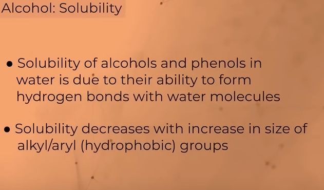 <p>BOILING POINT OF ALCOHOLS AND PHENOLS:</p><ul><li><p>boiling point of lower alcohols is more than that of other classes of compounds</p></li><li><p>increses with increase in molecular mass</p></li><li><p>decreases with increase in branching</p><p></p></li></ul><p>SOLUBILITY:</p><p></p><p>CHEMICAL PROPERTY OF ALCOHOLS:</p><ul><li><p>versatile compounds, acts as both nucleophile (O—H Bond breaks) and electrophile (C—O breaks)</p></li></ul><p>ALCOHOLS AND PHENOLS ACT LIKE BRONSTED ACIDS </p><p>(BRONSTED LOWRY ACID- a substance that can donate a proton (hydrogen ion, H+) to another substance</p>