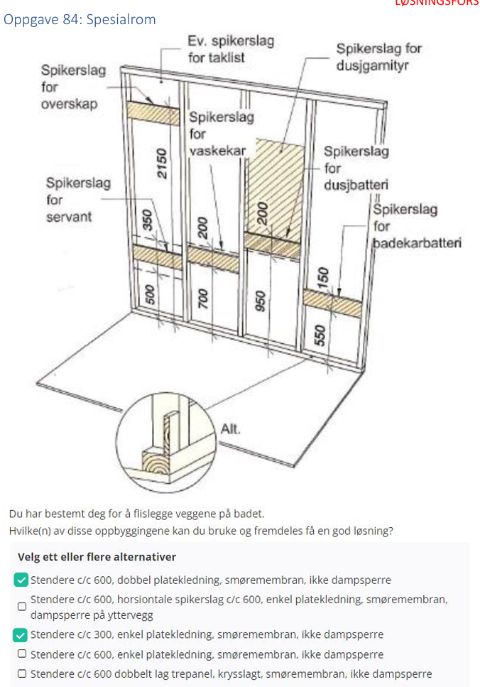 <ul><li><p>Stendere c/c 600, dobbel platekledning, smøremembran, ikke dampsperre</p></li><li><p>Stendere c/c 300, enkel platekledning, smøremembran, ikke dampsperre</p></li></ul><p></p>