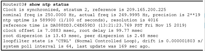<p>19. Refer to the exhibit. A corporate network is using NTP to synchronize the time across devices. What can be determined from the displayed output?</p><p>Router03 is a stratum 2 device that can provide NTP service to other devices in the network.</p><p>The time on Router03 may not be reliable because it is offset by more than 7 seconds to the time server.</p><p>The interface on Router03 that connects to the time sever has the IPv4 address 209.165.200.225.</p><p>Router03 time is synchronized to a stratum 2 time server.</p>