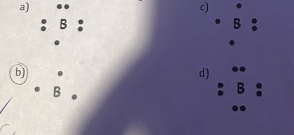 <p>Which of the following Lewis Dot Diagrams represents Boron?</p>