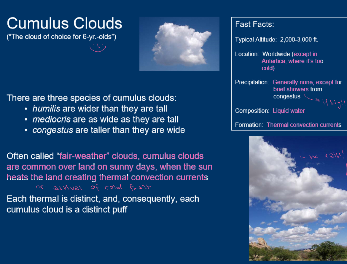 <p>white cotton ball clouds. so long as they look this way good weather. they can turn into cumulonimbus clouds (vertical growth)</p>