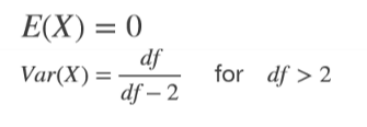 continous RV

distribution of mean values over small samples 

Parameters: degree of freedom (df) 

→ for lager df towards SND