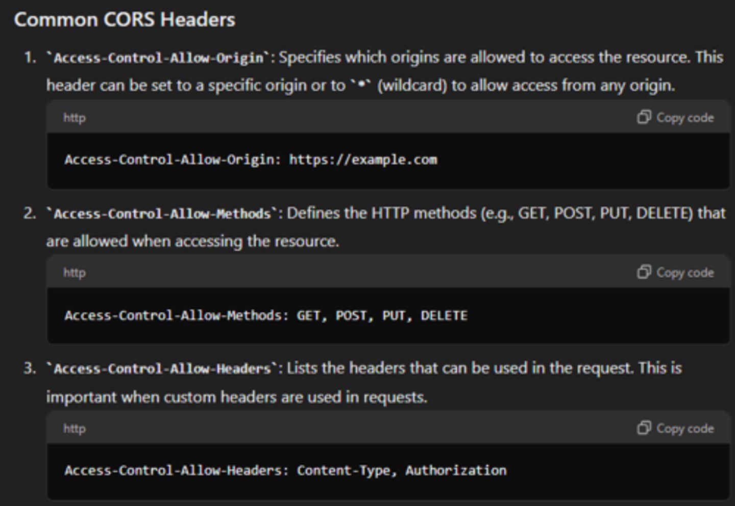 <p>Allows or restricts web applications running at one origin (domain) to <span class="bgP">make requests for resources hosted on a different origin</span></p>