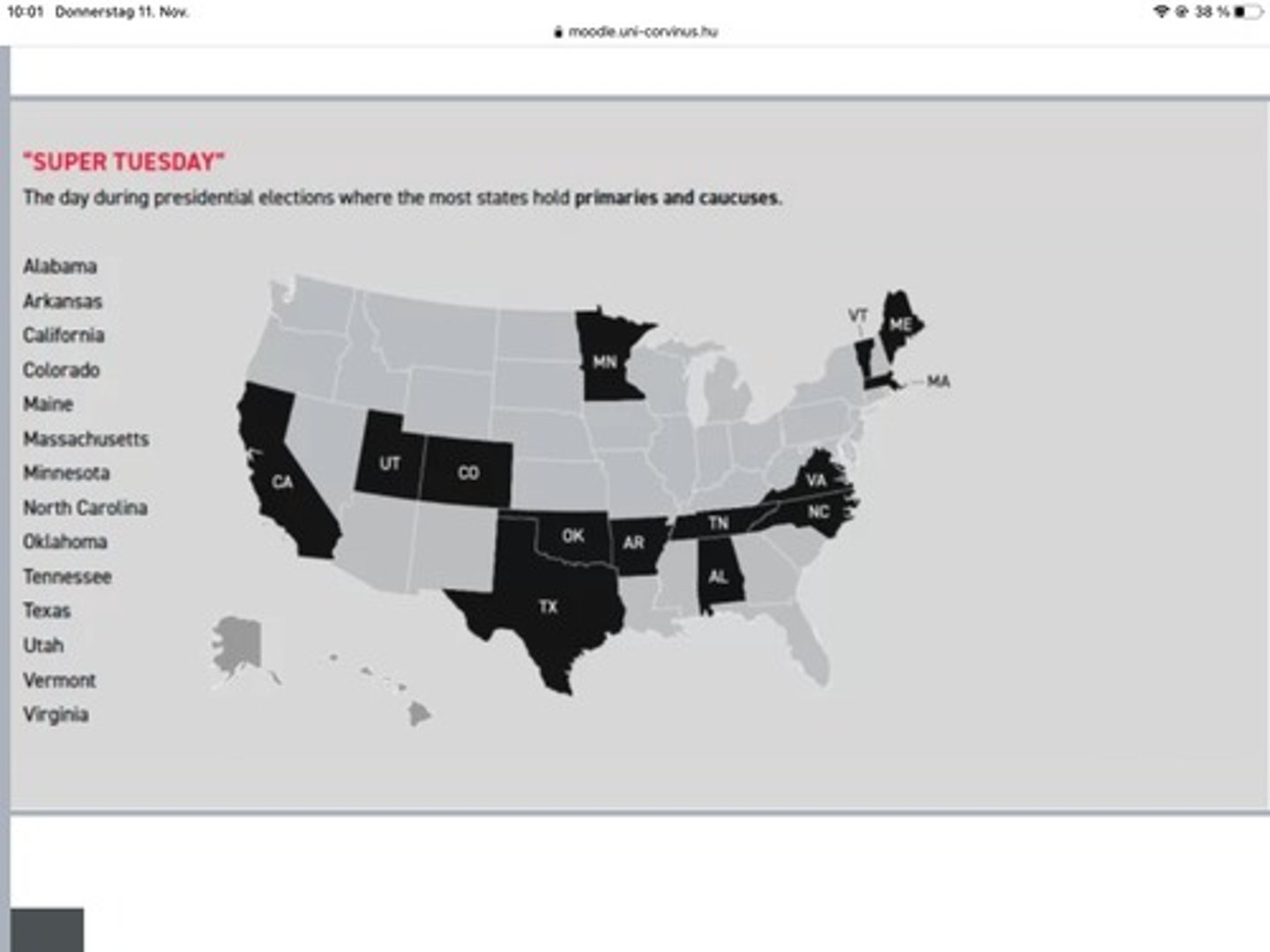 <p>- Iowa is the first state to select their candidate. This is done with a caucus</p><p>- New Hampshire goes next as the first state primary because their constitution says they must be the first primary</p><p>This gives Iowa and New Hampire very large influence on the primaries</p><p>- Super Tuesday. Many states hold their primaries on this day, awarding 1/3rd of delegates</p>