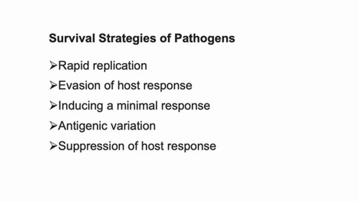 <p>Rapid replication, evasion of host response, inducing a minimal response, antigenic variation, suppression of host response.</p>