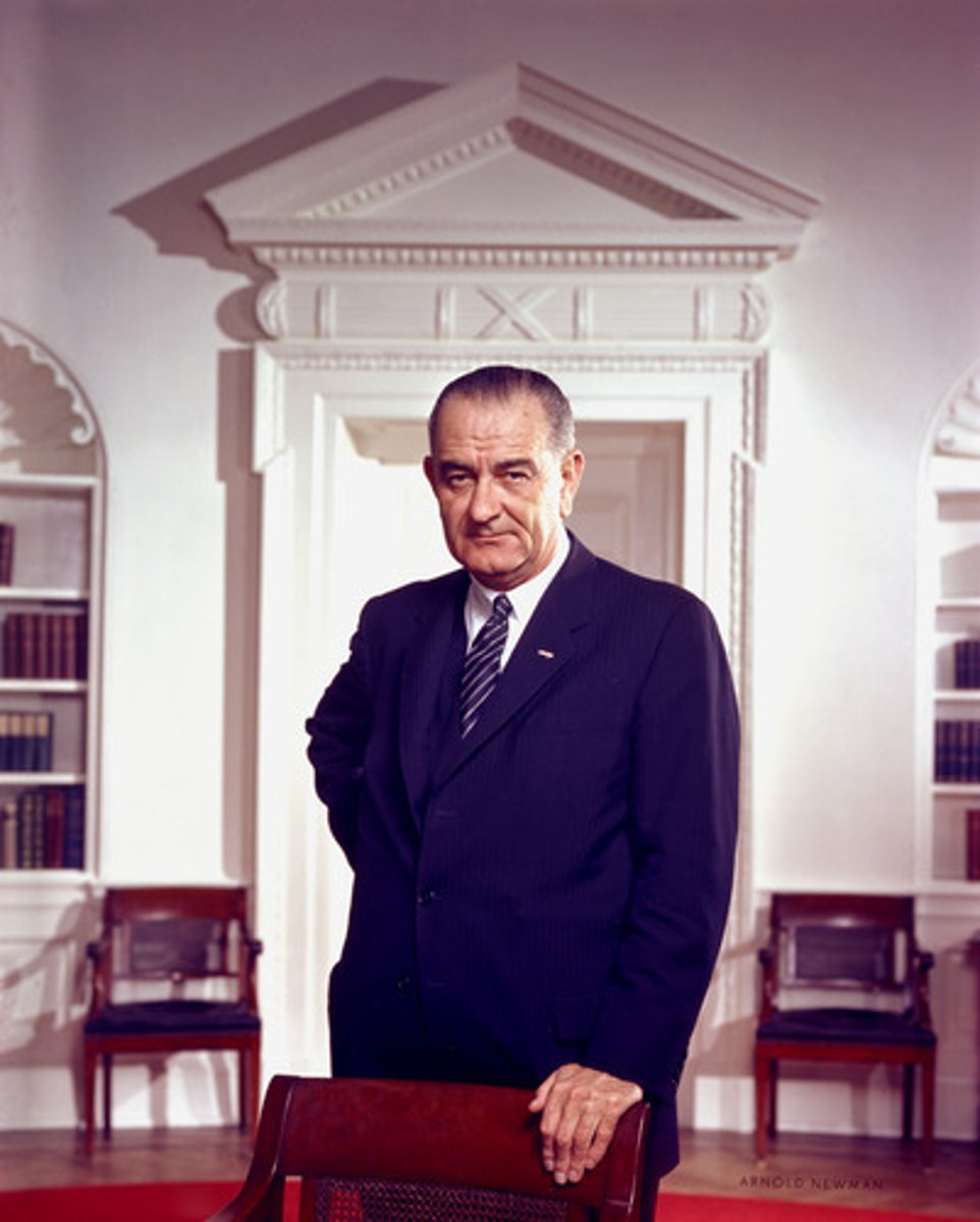 <p>1963-1969, Democrat , signed the Civil Rights Act of 1964 into law and the Voting Rights Act of 1965. He had a War on Poverty in his agenda, including the Great Society, the Economic Opportunity Act, and other programs that provided food stamps and welfare to families in need. He also created a Department of Housing and Urban Development. His most important legislation was Medicare and Medicaid.</p>