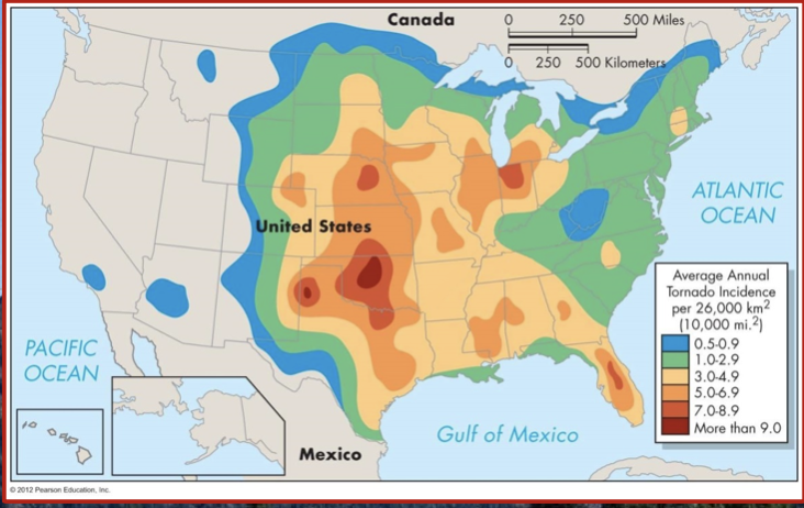 The U.S. experiences the most tornadoes on Earth.  Canada experiences the 2nd most.

\
United States Tornado Alley

* Kansas and Oklahoma 

\
Canada Tornado Alley

* Southwestern Ontario