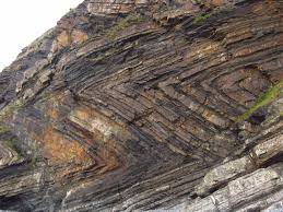 <p>layering of metamorphic rocks </p>