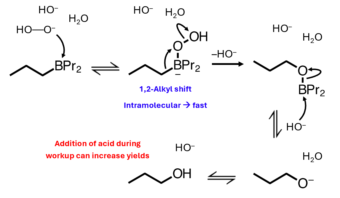 <p>The oxidation step converts the C–B bonds in the organoborane into C–O bonds through nucleophilic attack by peroxide, an intramolecular 1,2-alkyl shift, and final hydrolysis — giving anti-Markovnikov alcohols efficiently and without rearrangement.</p>