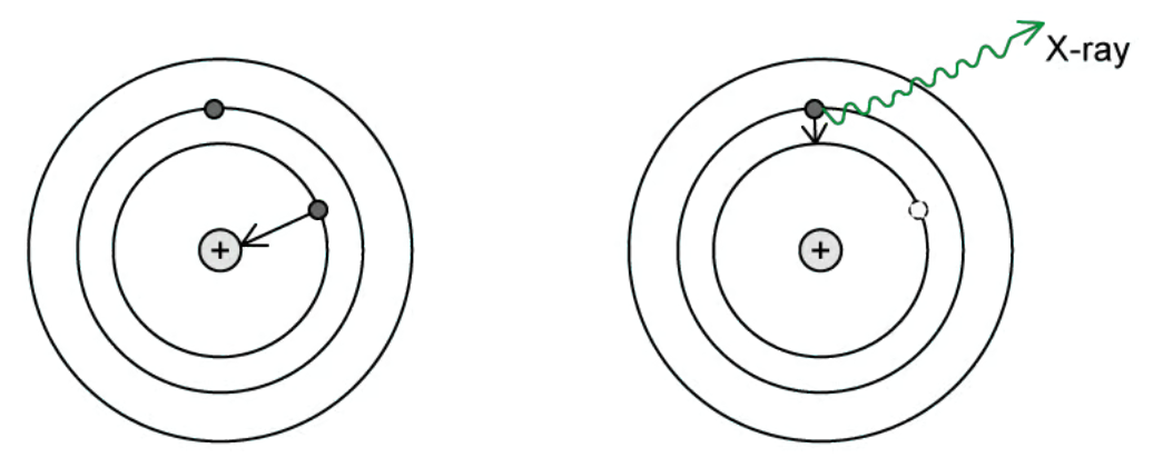 <p>During electron capture, the nucleus ‘captures’ an orbiting inner-shell electron. The resulting nucleus has one less proton and one more neutron. Sometimes this process is accompanied by the emission of a characteristic X-ray photon.</p><p>Explain why an X-ray photon is produced in this process and suggest why it is called characteristic <strong>(3)</strong></p>