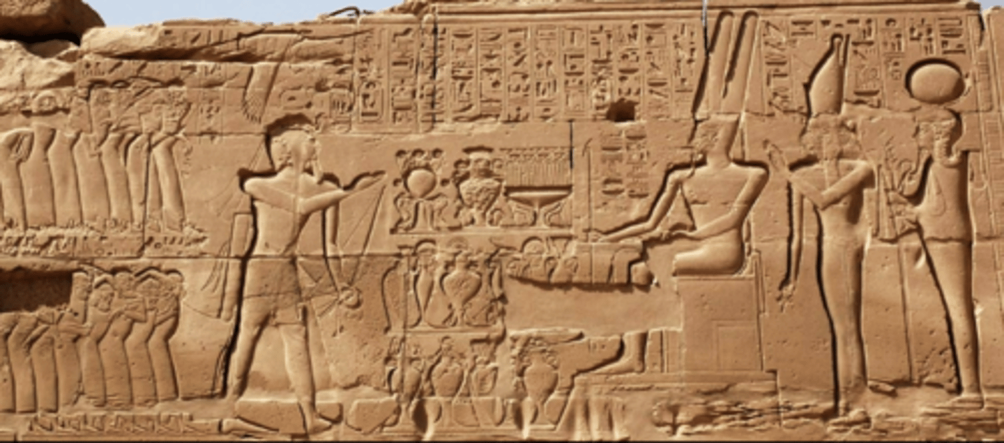 <p>- Amun sitting on a throne in front of his wife and son</p><p>- Sety is bringing gifts and presenting captives to these gods</p><p>- Demonstrates the types of booty that would be brought back to Egypt after battle (captives, animals, objects, etc...)</p><p>- Pretty clear statement of the power of the king, but in service to the gods</p>