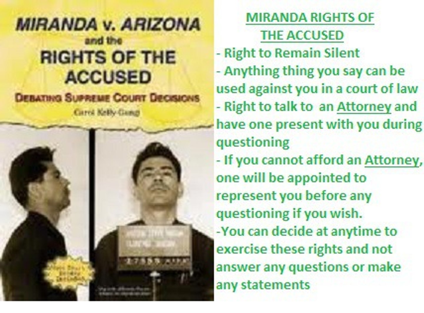 <p>1966; made the reading of the Miranda rights to those arrested for crimes the law; ensured confessions could not be illegally obtained and that citizens rights to fair trials and protection under the law would be upheld</p>