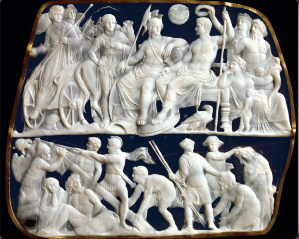 15 CE, sardonyx cameo, scorpio showed in the cameo and is the sign of Tiberius. Jupiter is an attribute, Augustus is in the guise of Jupiter and tellus is in it as well. Livia and Augustus is deified and we know bc he's barefoot. 