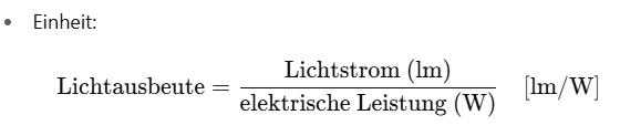 <p><strong>Lichtausbeute:</strong></p><ul><li><p>Die <strong>Lichtausbeute</strong> (auch: <strong>Lichtwirkungsgrad</strong>) gibt an, <strong>wie effizient</strong> eine Lichtquelle <strong>elektrische Leistung in sichtbares Licht</strong> umwandelt.</p><p></p></li></ul><p><strong>Typische Werte für Weißlicht-LEDs:</strong></p><ul><li><p><strong>ca. 100–200 lm/W</strong> (je nach Effizienzklasse, Farbe, Bauform)</p></li><li><p>Hochleistungs-LEDs (Labor): bis ca. <strong>250–300 lm/W</strong></p></li></ul><p></p><p><strong>Einsatzgebiete / Anwendungen von LEDs:</strong></p><ul><li><p>Allgemeinbeleuchtung (z. B. Lampen, Straßenbeleuchtung)</p></li><li><p>Displays (TV, Monitor, Smartphone)</p></li><li><p>Fahrzeugscheinwerfer und Rücklichter</p></li><li><p>Signal- und Indikationsleuchten</p></li><li><p>Infrarot-LEDs für Fernbedienungen, Sensorik</p></li><li><p>Medizinische Beleuchtung und Diagnostik</p></li><li><p>Pflanzenbeleuchtung (Horticulture)</p></li></ul><p></p><p><strong>Merksatz:</strong><br><strong>Mehr Licht pro Watt = bessere Lichtausbeute.</strong></p>