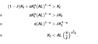 <ul><li><p>we use the law of motion of economy equation </p></li><li><p>the second equation is saying that capital is growing if we invest more into new capital each period than we are losing capital due to depreciation </p></li><li><p>if we start below (K &lt;), then K will grow from t to t+1 (as shown in the picture) </p></li><li><p>if we start above (K &gt;), then K will fall from t to t+1</p></li><li><p>since production Yt = K(AL) is increasing in capital, Kt+1 &gt; Kt implies Yt+1 &gt; Yt while Kt+1 &lt; Kt implies Yt+1 &lt;Yt</p></li><li><p>output must be growing if capital is growing as capital is the only thing that can move </p></li><li><p>economies can shrink if their depreciation is higher than their investments </p></li></ul><p></p>