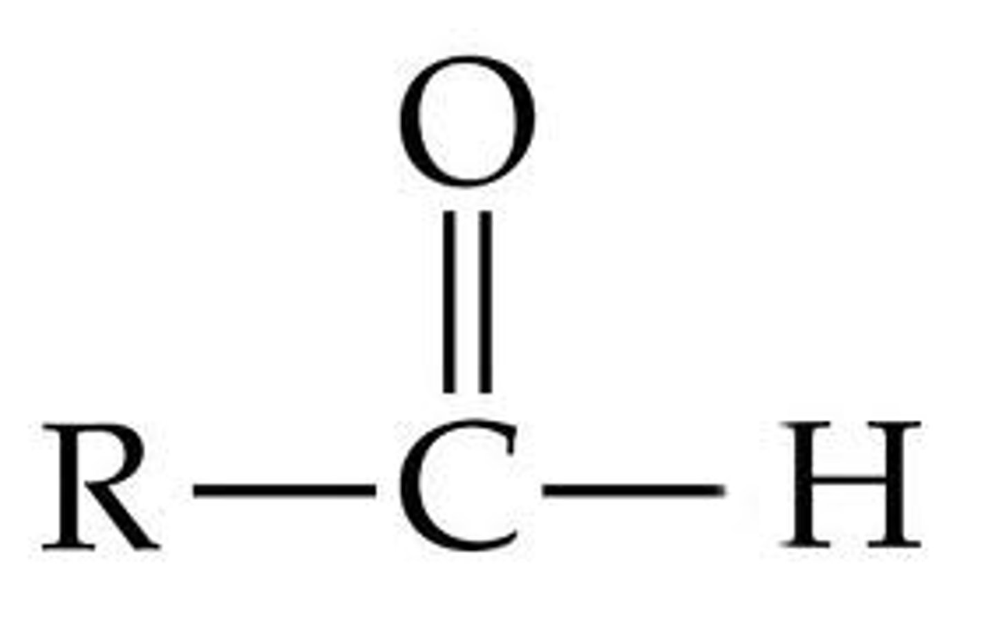 <p>Carbon with a double bond with oxygen, a single bond with hydrogen, and a single bond with R</p>