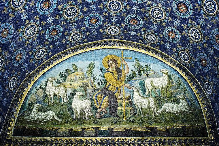 <p><strong>*Good Shepherd mosaic, Oratory of Galla Placidia, Ravenna, c. 425-426CE, Late Antique (S.7.18-20)</strong></p>
