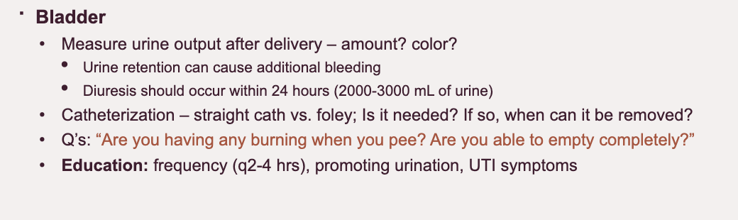 <ul><li><p><strong>What you do:</strong> Ask about voiding; palpate for distension if needed. Look for output if Foley in place.</p></li><li><p><strong>Expected:</strong> Able to void spontaneously within hours after birth. Bladder should not be palpable after void.</p></li><li><p><strong>Abnormal:</strong> Difficulty voiding (due to swelling/trauma), overdistension, residual urine, frequent small voids. A full bladder can displace uterus → increased bleeding.</p></li></ul><p></p>