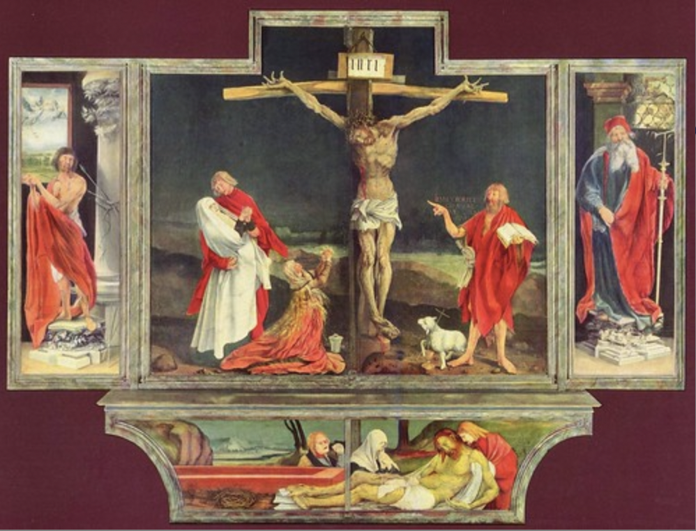 * Was hung up in a hospital, prayers as a way to get treatment
* Jesus’s arms look incredibly unnatural and painful on the cross, body is almost sickly green on the bottom portion of the piece: an interest in the depiction of pain and the imperfect 
  * This portion of the altarpiece was on the outside of the hinges, could relate to suffering on the outside leading to salvation on the inside?
* Showing individuality through poses
* Less compact compared to other altarpieces with similar arrangements (like Rogier van der Wines deposition)