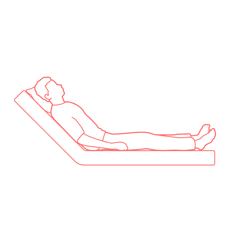 <p>supine with HOB elevated 30-45 deg</p><p>pt’s legs can be straight or bent</p>