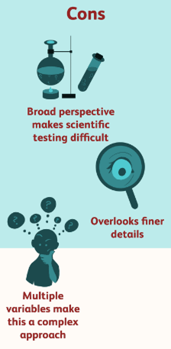 <p>* Less scientific</p><p>* Difficult to obtain meaningful information without losing objectivity</p><p>* Use of qualitative methods less reliable</p><p>* Overly complex: many variables involved</p>