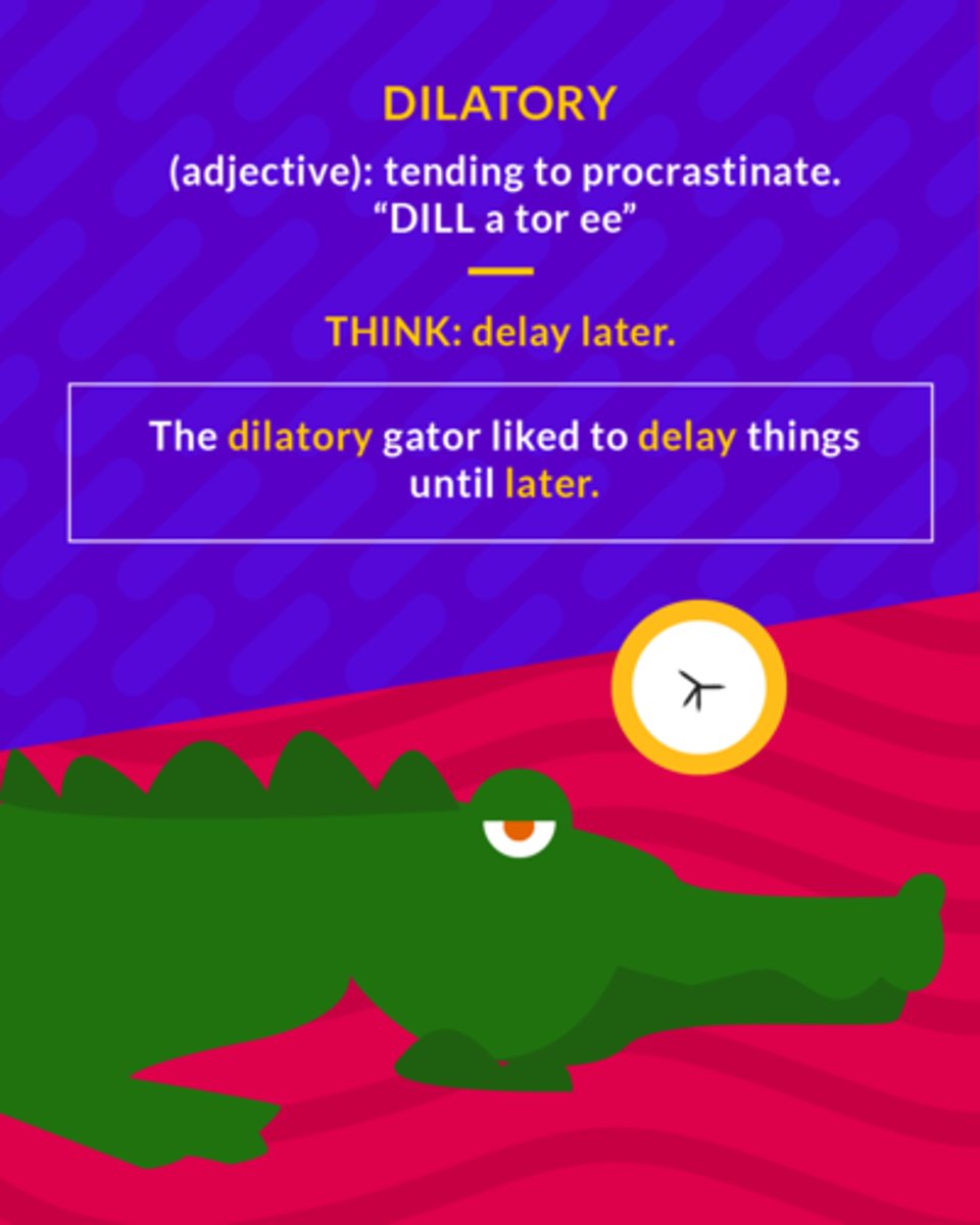 <p>(adj.) tending to delay or procrastinate, not prompt; intended to delay or postpone</p><p>(adj.) tending to procastinate</p>