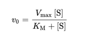 <ul><li><p><strong>v0</strong> is the initial velocity (before any product is produced)</p></li><li><p><strong>Vmax</strong> is the maximal velocity (when E is entirely in ES form) </p></li><li><p><strong>[S]</strong> is concentration of substrate </p><ul><li><p>When [S] is low, the reaction rate is low because the enzyme is not saturated with substrate and vice versa</p></li></ul></li><li><p><strong>KM</strong> is the Michaelis constant</p><ul><li><p>A smaller KM indicates a tighter binding or higher affinity of the enzyme for its substrate</p></li></ul></li></ul><p></p>