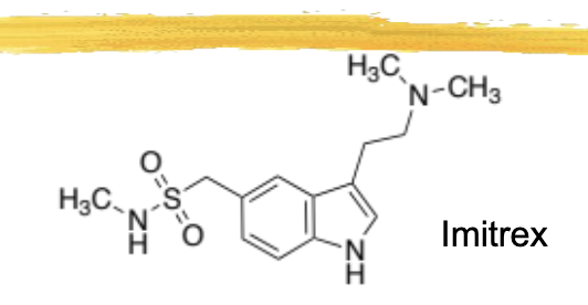 <p>the first triptan</p><p>can’t be given iwht MAO-A inhibitors</p><p>available in several dosage forms - used for acute treatment</p><p>Onzetra/Xsail - nasal powder with 11mg dose, 3hr ½ life, low bioavailability</p><p>has the sulfur with 2 oxygens and the secondary amine hanging off the benzene ring</p>