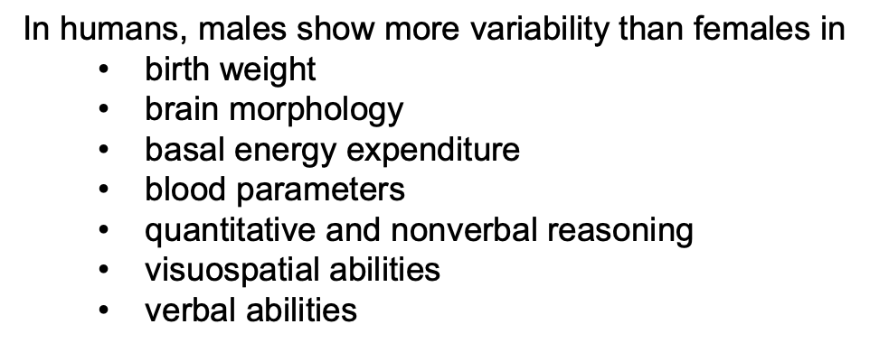 <p>→ explain ↑ male predisposition to neurodevelopmental disorders</p><p></p><p><strong>Heterogametic sex </strong>→ sex chromosomes differ; establishes developmental instability and tends to show more variability at a young age on many traits</p><ul><li><p>XY - male mammals or insects</p></li><li><p>ZW - female non-mammals or insects</p></li></ul><p></p><p><strong>Homogametic sex </strong>→ sex chromosomes are alike; promotes developmental robustness</p><ul><li><p>XX - female mammals or insects</p></li><li><p>ZZ - male non-mammals or insects</p></li></ul><p></p>