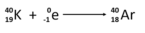 <p>0/-1 e + 1/1 p (in nucleus) —→ 1/0 n (in nucleus) </p><p>ON REACTANT SIDE</p>