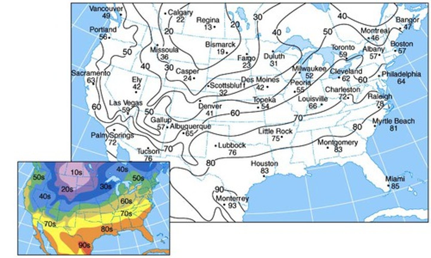 <p>Lines on a map that joins places of equal temperature</p>